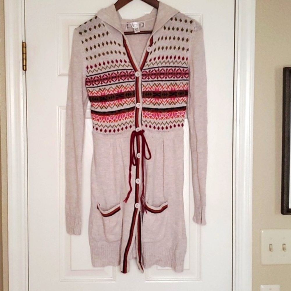 Decree Long Hooded Boho Cardigan Sweater Small